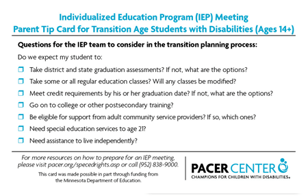 IEP Meeting Parent Tip Card for Transition Age