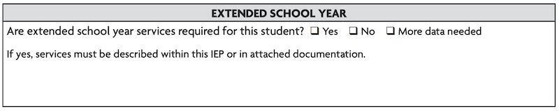 Image is a table made to be filled in: Are extended school year services required for this student? Check Yes, No, or More data needed If yes, services must be described within this IEP or in attached documentation.