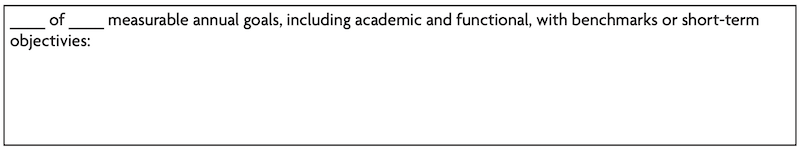 Image is a table made to be filled in: _ of _ measurable annual goals, including academic and functional, with benchmarks or short-term objectives: