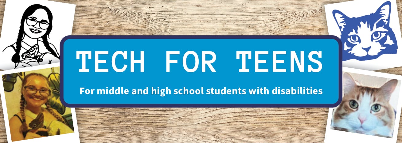 Photos of a girl and a cat and a sticker of each with the Tech for Teens heading