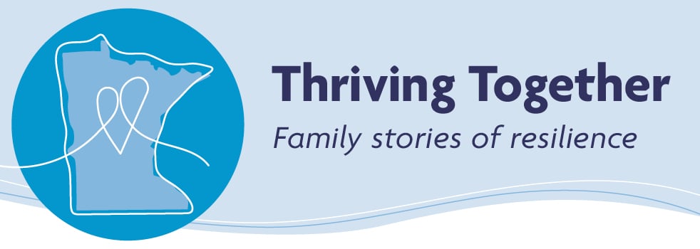 Blue graphic with swopping lines and a state outline of Minnesota with the Thriving Together workshop title