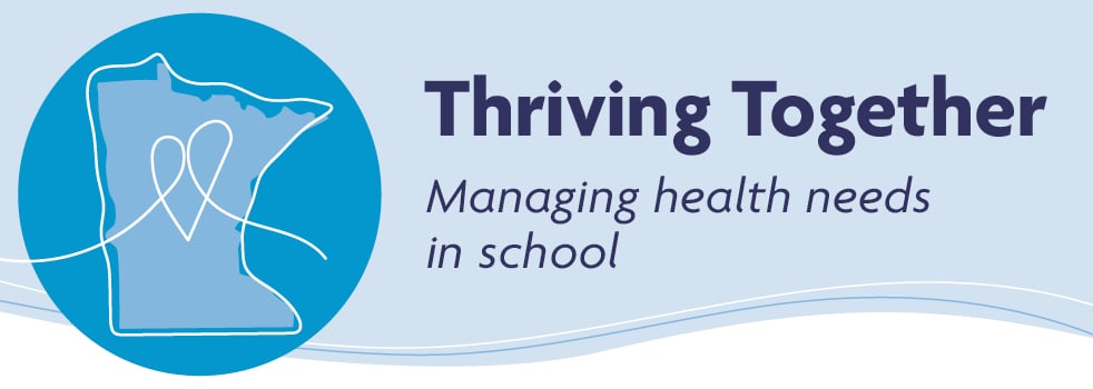 Blue graphic with swopping lines and a state outline of Minnesota with the Thriving Together workshop title