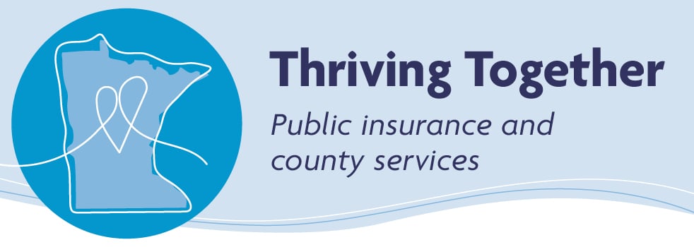 Blue graphic with swopping lines and a state outline of Minnesota with the Thriving Together workshop title