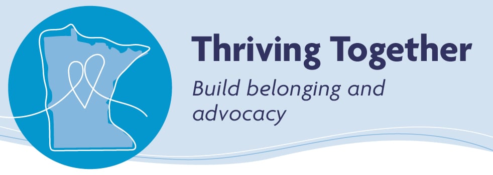 Blue graphic with swopping lines and a state outline of Minnesota with the Thriving Together workshop title